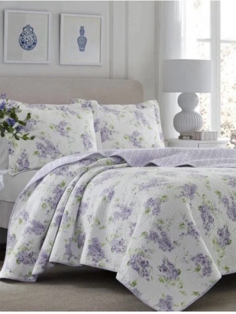 Laura Ashley Queen Lilac Green White Quilt Set 100% Cotton Matching Shams 90x90
